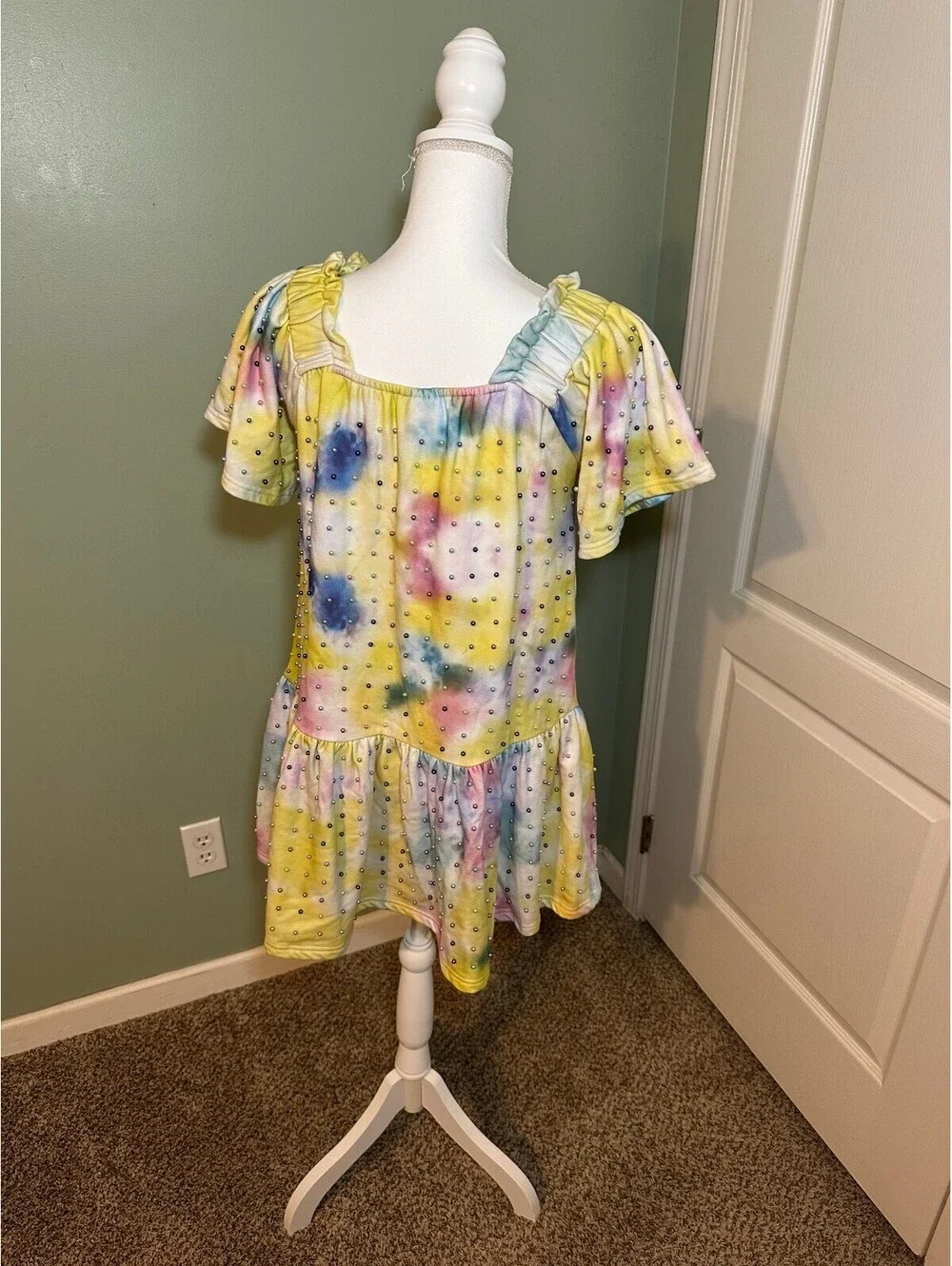 Queen of Sparkles Rainbow Tie-Dye Pearl Embellished Puff sleeve Mini Dress Small